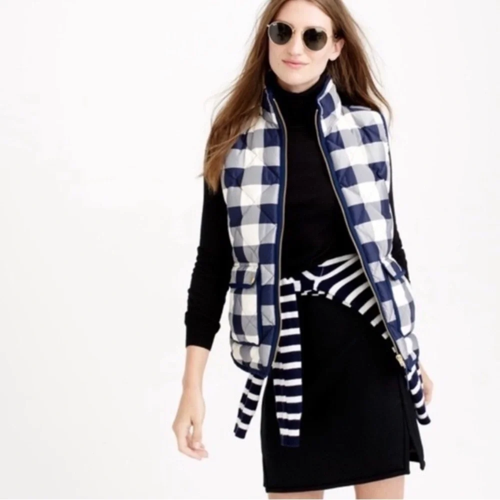 J Crew Excursion Quilted Puffer Vest Jacket Women Blue Buffalo Plaid Sz XS